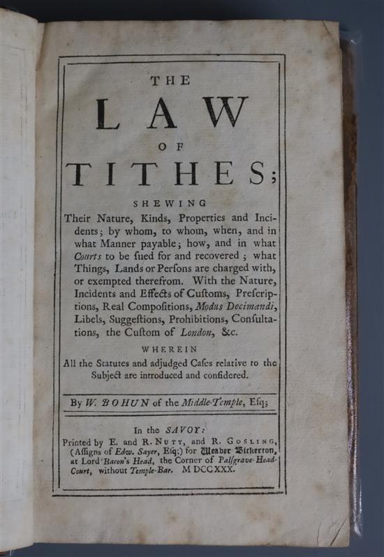 Bohun, William - The Law of Tithes, 8vo, old calf, E and R Nutt et al, London 1730
